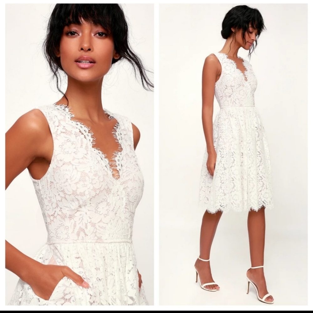 Lulus love sweet white lace midi skater fit & flare dress